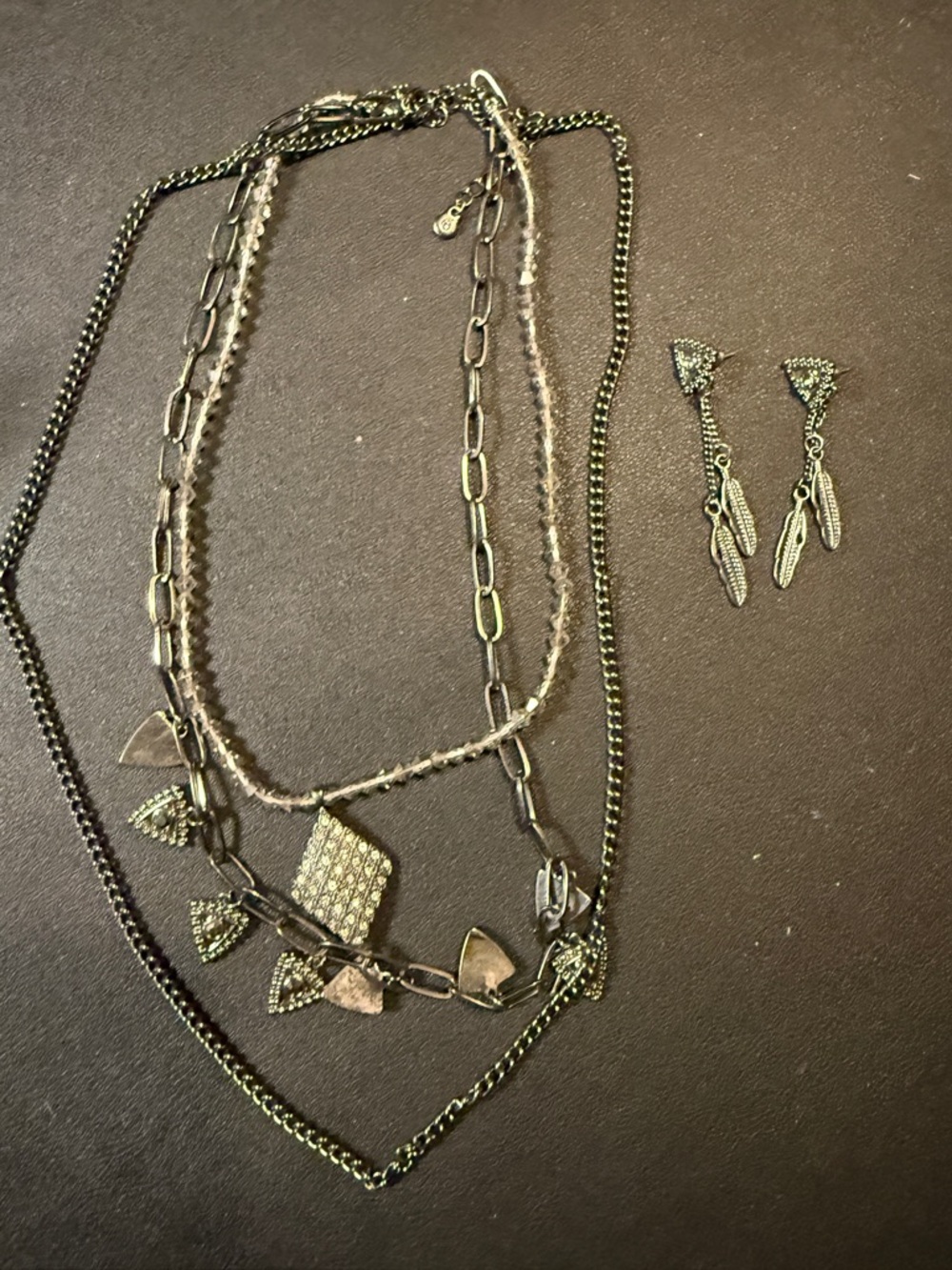 Multi-Layer Black Crystal Pendant Necklace with Matching Dangle Earrings
